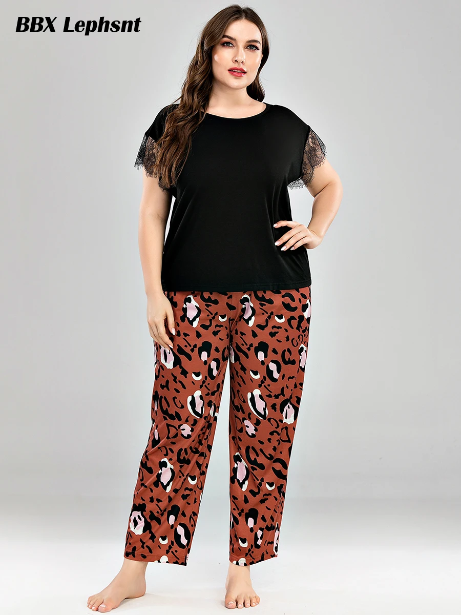 

Plus size Women Summer Pajamas Set Solid O-Neck Lace Patchwork Short sleeves Loungewear Leopard Trousers home suits Sleepwears