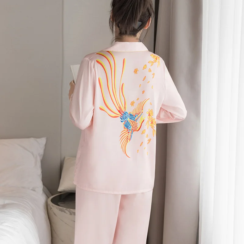 

Spring and Autumn Pajamas Female Viscose Casual Fashion Cardigan V-neck Silk Homewear Set Imitated Silk Fabric Piece New Style