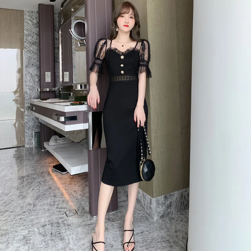 

Black Lace Patchwork Elegant Dress Women for Wedding Party Print Polka Dot Wrap Dress Ladies Sexy Sun Dresses for Women Vestidos
