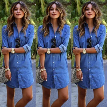 

2019 Autumn Blouse Womens Loose Solid Color Denim Lapel Long Shirt Long Sleeve Holiday Mini Dress Blouse Womens Shien Plus Size