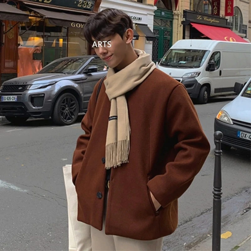 UYUK осенне-зимняя Корейская версия свободного повседневного тренда Ретро дикого карамельного цвета с отворотом однобортное шерстяное пальто мужские