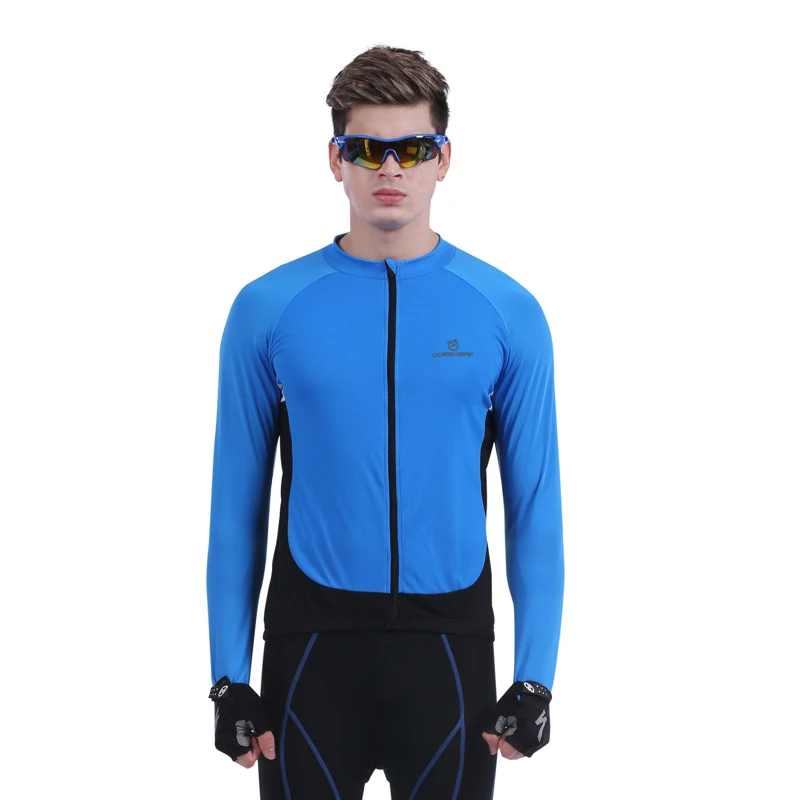 Queshark Мужская однотонная Влагоотводящая шоссейная велосипедная куртка с длинным рукавом велосипедная Джерси велосипедная одежда ветрозащитная - Цвет: Синий