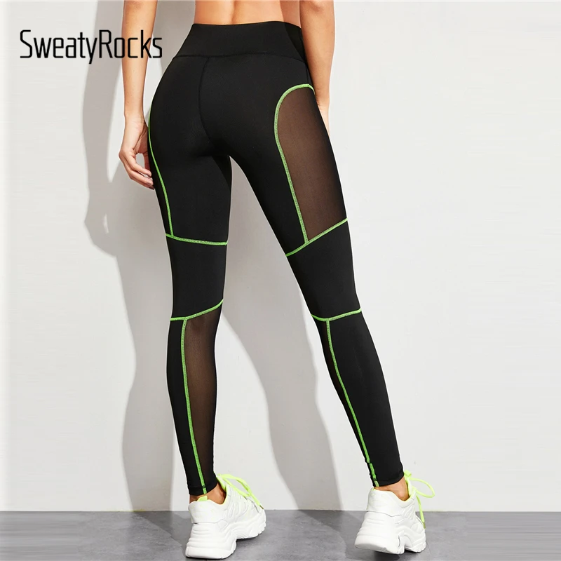 SweatyRocks черная контрастная Привязка сетчатые панели леггинсы активная одежда женские облегающие эластичные леггинсы повседневные легинсы