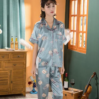 

New Spring Summer Women Faux Silk Pajamas Set Simple Print Leisure Nightwear Short Sleeves +Pants Sleepwear