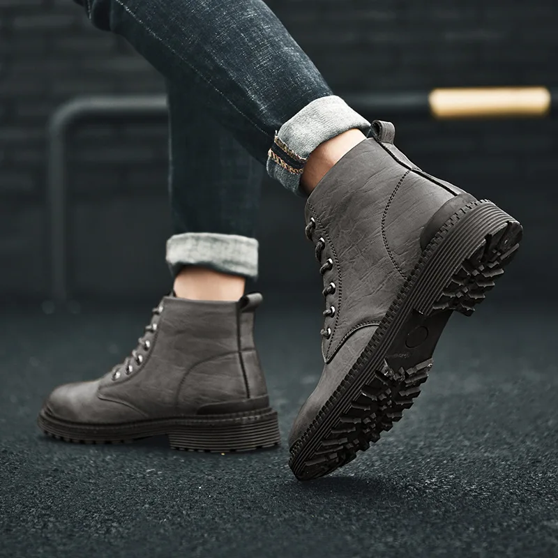 

2019 New Style Martin Boots Large Size MEN'S SHOES Worker Boot plus Velvet Mid-top Genuine Leather Boots Autumn & Winter Black A