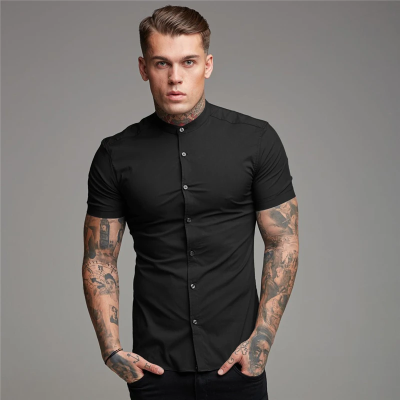 Comaba Mens Stand Collar Fitness Solid Long Sleeve Button Tops Shirt