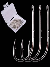 50pcs/Box 1#-10# High Carbon Steel Barbed Fish Hook Long Shank Single Circle Offset Narrow Bait Hook Fishing Tackle Accessories
