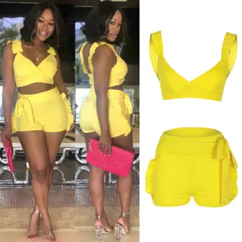 

Two Piece Set 2019 Summer women crop tops High Waist Shorts 2pcs Ruffles Bow outfits Ladies Yellow Slim matching Clothes sets
