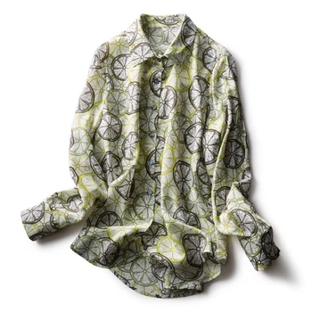 

100% Pure Silk Women's Blouse Turn Down Collar Long Sleeves Printed Fashion Casual Shirt Tops