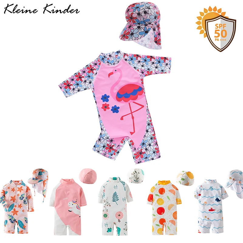 Baby Swimwear Flamingo Unicorn Swimsuit for Girls UPF50 Anti UV Bathing Suit One Piece Toddler Rashguard with Sleeves