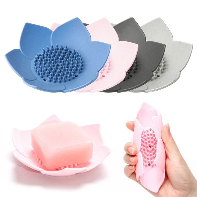 

Draining Soap Dish Soap Box Plate Lotus Shape Silicone Box Holder Portable Soap Dishes Bathroom Accessories
