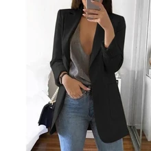 Модный осенний женский тонкий пиджак, Женский офисный черный блейзер с карманами, пиджак