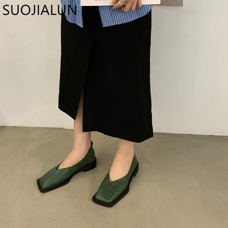 Women Flats SUOJIALUN Spring New Flat Shoes Square Toe Shallow Mouth Slip on Loafers Ladies Casual Shoes