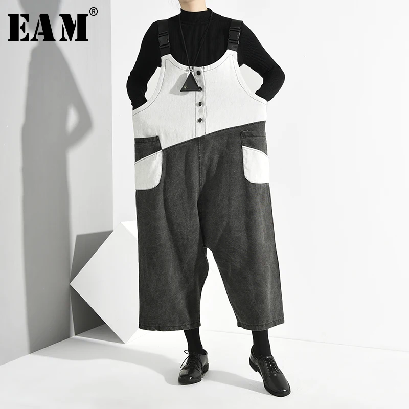 

[EAM] High Waist Pocket Split Long Wide Leg Overalls Trousers New Loose Fit Pants Women Fashion Tide Spring Autumn 2020 JW0820