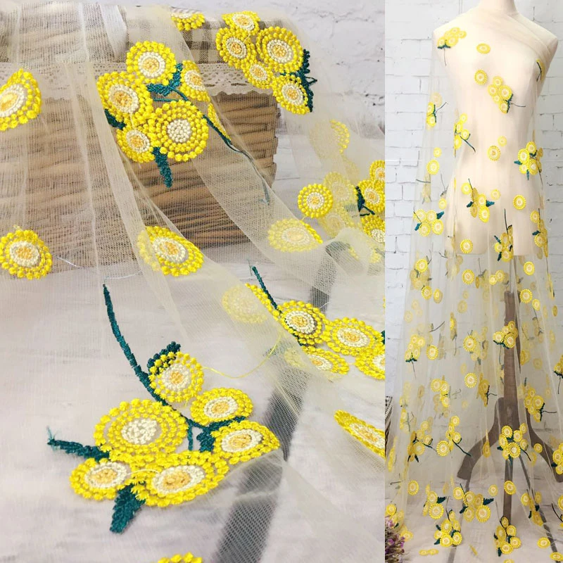 

QJH brand New Arrival African Net Lace Fabric High Quality Transparent Yellow Flowers Embroidery French Fabric For Dress
