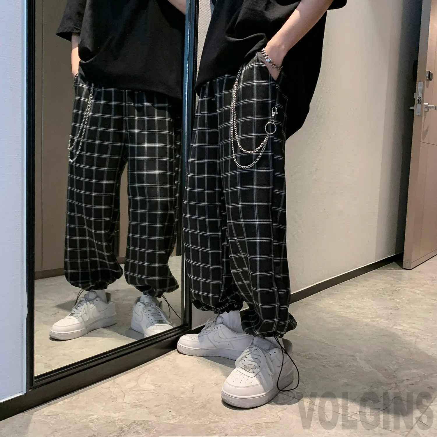 

2023 Black Plaid With Chain Wide Leg Pants Harem Pants Streetwear Men 2023 Summer Hip Hop Casual Trousers Fashion Male Pants