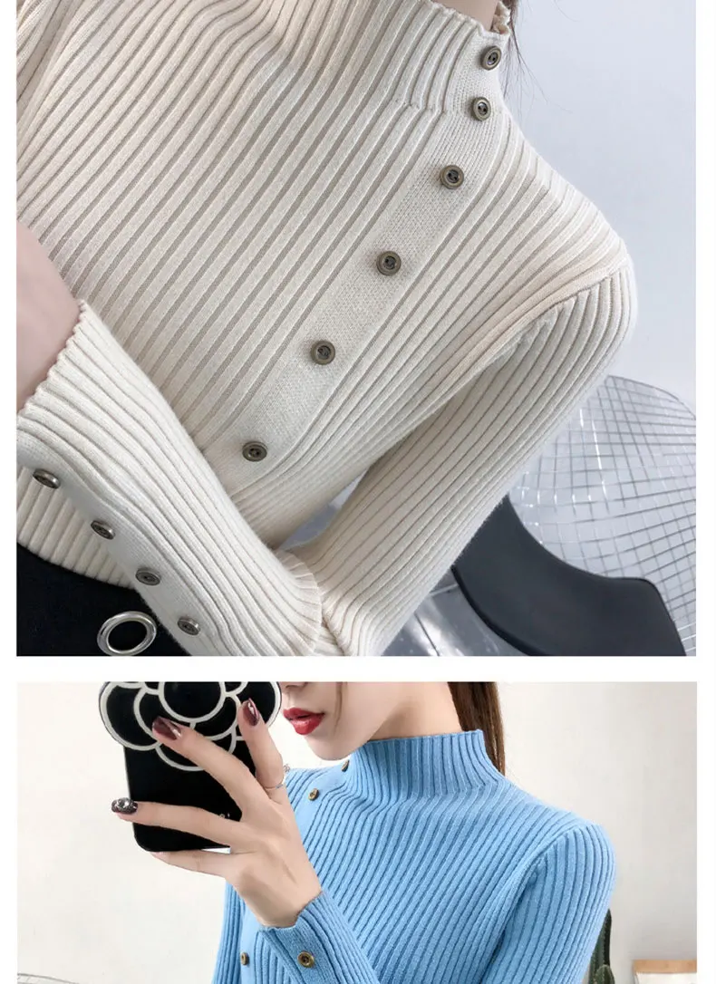 Women Autumn Knitted Sweater Solid Knitted Female Cotton Soft Elastic Color Pullovers Button Full Sleeve Turtleneck