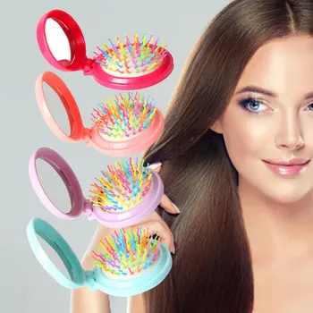 

Portable Round Pocket Small Size Travel Massage Folding Comb Girl Hair Brush with Mirror Styling Tools 7 Colors Dropship