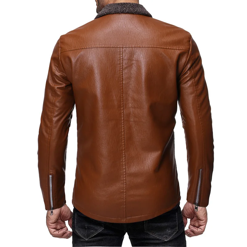 

2019 Autumn And Winter New Style Fashion Solid Color Fold-down Collar Zipper Pocket Large Size Men Leather Jacket 8828