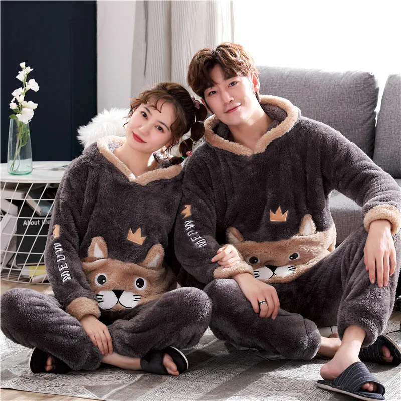Рождественская пара пижам, зимняя одежда для сна для женщин, теплая плотная Пижама унисекс, комплект с капюшоном, милая мультяшная Женская домашняя одежда - Цвет: Brown Animal