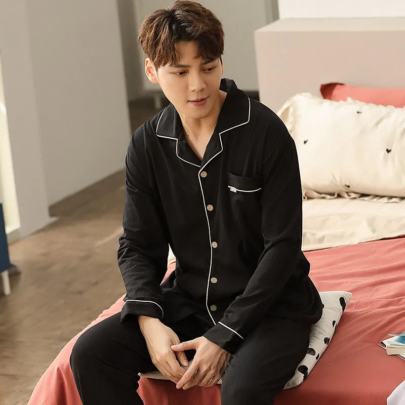 Fdfklak Plus Size Cotton Men's Pajamas Long Sleeve Trousers Two Piece