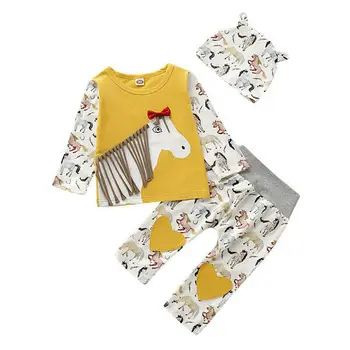 

2019 Newborn Baby Kids Girl Boy Clothes Horse Tops T-shirt Leggings Long Pant Hat 3pcs Toddler Girls Autumn Warm Outfits Set