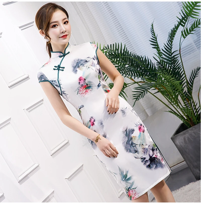 New china style printing mid-length cheongsam fashion silk slim banquet performance dress Slim thin girl daily party cheongsam
