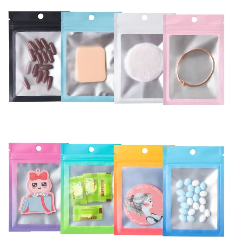 

100Pcs Matte Colored Zip Lock Reclosable Aluminized Plastic Foil Bag for Packaging Food Candy Accessories Ziplock Hang Hole Bag