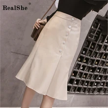 RealShe Jupe Femme,, высокая талия, пуговицы, Русалка, длина до колена, Женская юбка,, весна, осень, уличная одежда, кожаная женская юбка