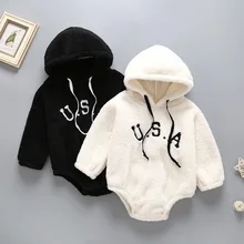 Baby Hooded Warm Sweatshirts Newborn Fur Romper Long Sleeve USA Print Rompers Baby Girl Fall Clothes Baby Boy Winter Tops