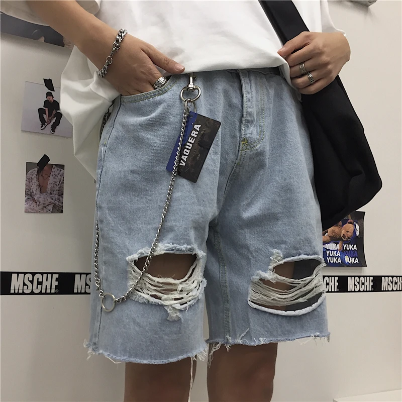

2020Summer New Youth Popular Korean Version Of Ins Hole Trend Five Points Jeans Harajuku BF Couple Models Beggar Pants Blue S-XL