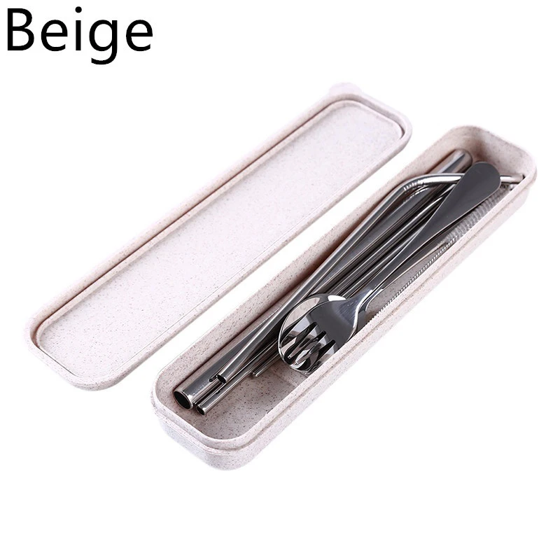 7pcs Dinnerware Set Stainless Steel Travel Camping Cutlery Set Reusable Metal Straw Spoon Fork Chopsticks Case