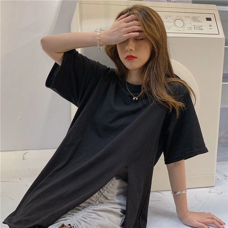 

Split Fork Short Sleeve Women T Shirt Korean Fashion Branded Things Loose Harajuku Oversized Black White Tops Streetwear Clothes