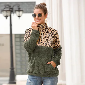 

Autumn and Winter Hot Sale 2019 Plush Long Sleeve Sweatshirt Leopard Stitching Woman Clothes Leopard Sweatshirt Fleece Clothes
