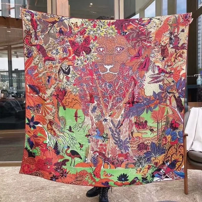 

Luxury Brand Double Sided Jungle Lion King Print High Quality Silk and Cashmere Blend Scarf Shawl Coat Wraps Scarves Hijab