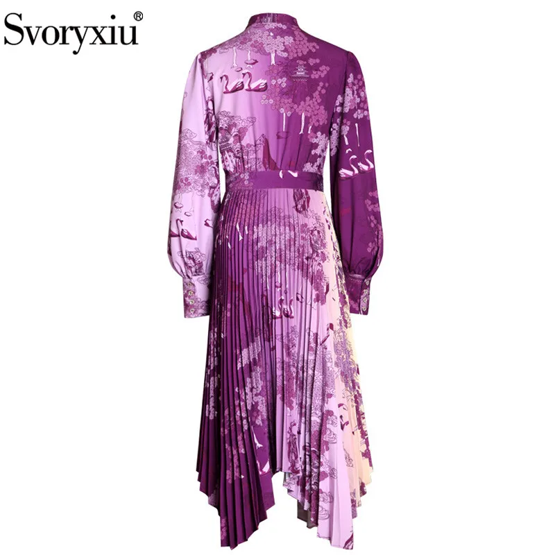 Svoryxiu дизайнерское плиссированное платье на осень и зиму, женские платья с бантом и воротником-фонариком, элегантные фиолетовые Вечерние платья миди с принтом