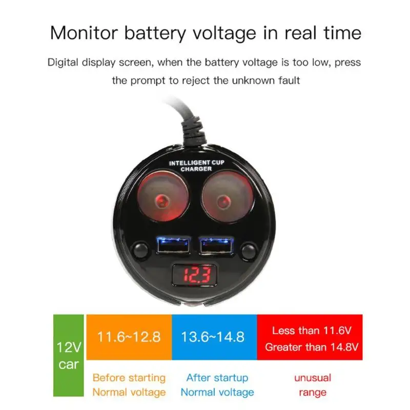 P10 двойной USB автомобильный прикуриватель разъем сплиттер адаптер чашка Напряжение монитор дно Противоскользящий двойной независимый переключатель