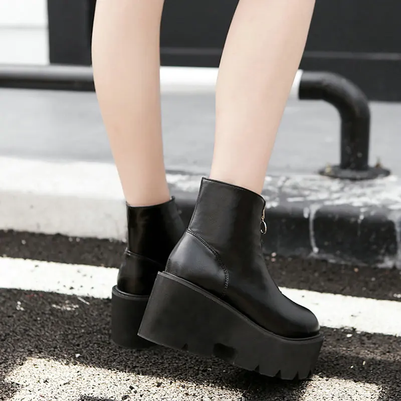 Lady Jane Super High Platform Rome Ankle Boots New Autumn Front Zipper Thick Heels High Heel Black Boots For Women Shoes