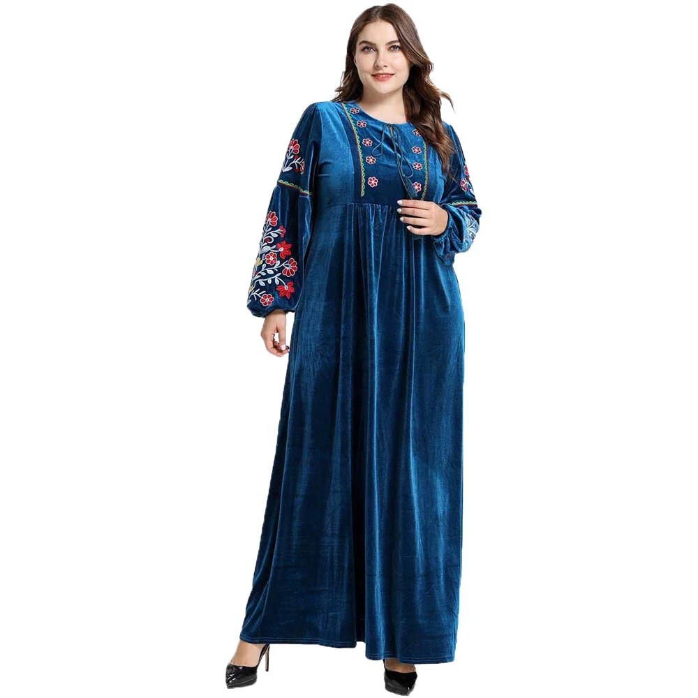 Бархатное женское Абая Дубай мусульманское платье макси с длинным рукавом плиссированная вышивка кафтан джилбаб исламский, арабский