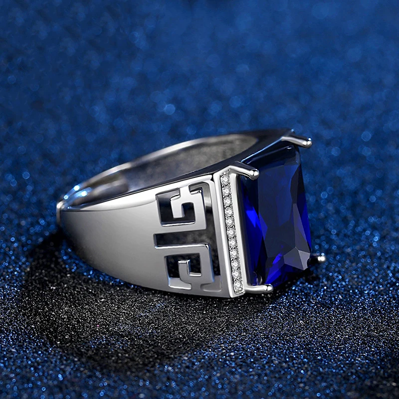 Silver Gemstone Ring Men Wedding Jewelry with Sapphire Zircon