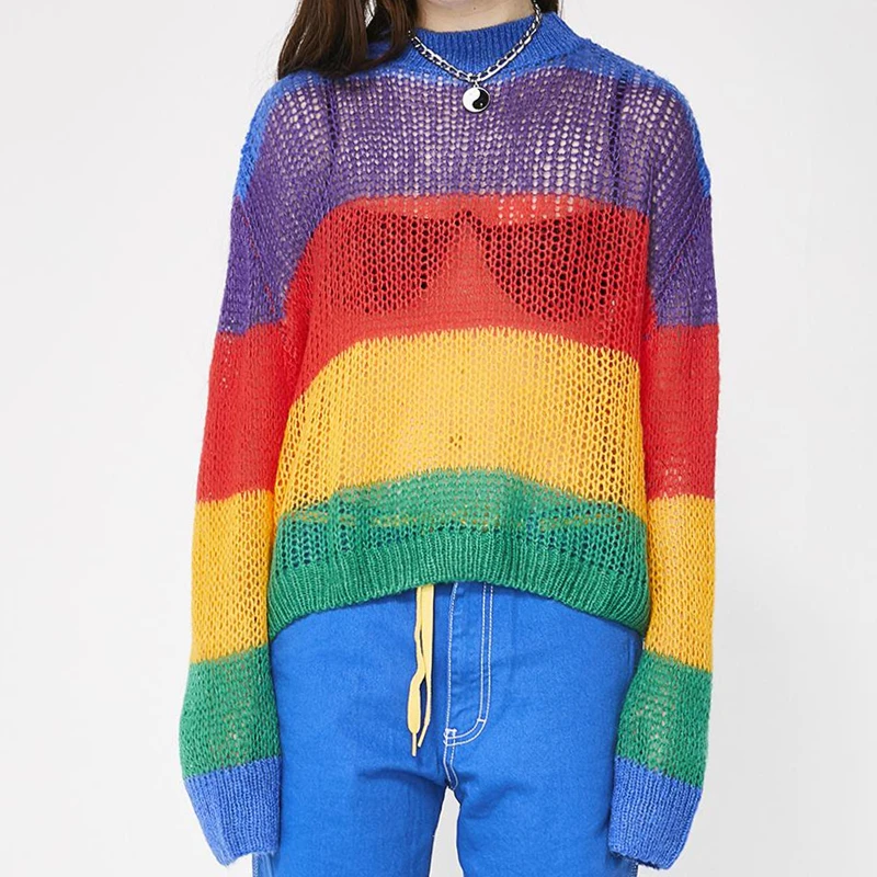 

Lazy Rainbow Striped Jumper Long Sleeve Mock Neck Cropped Sweater For Women /