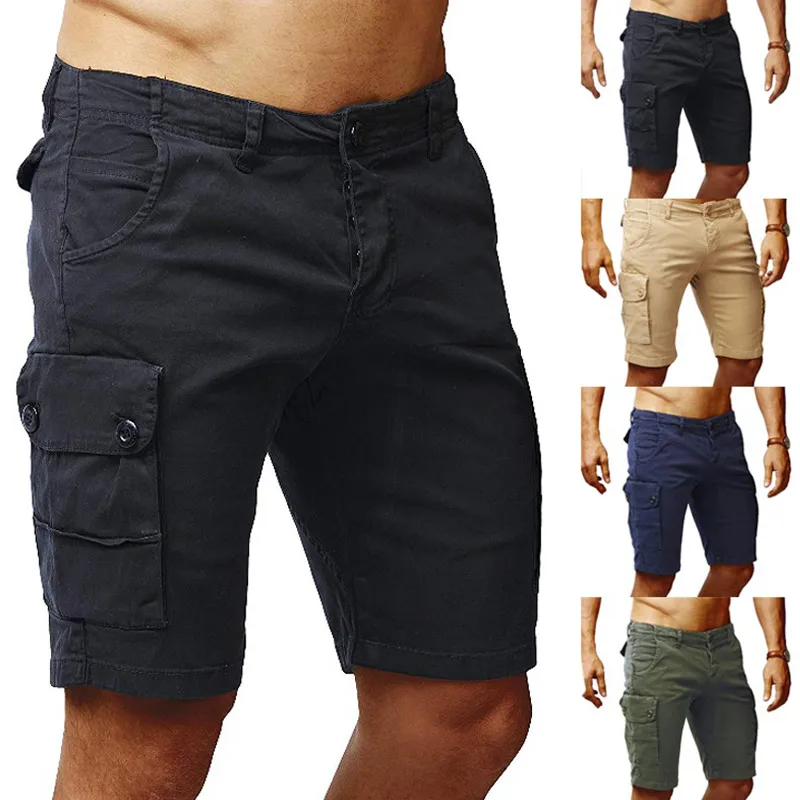 Мужские повседневные короткие брюки с несколькими карманами, облегающие однотонные дышащие брюки для лета JS24