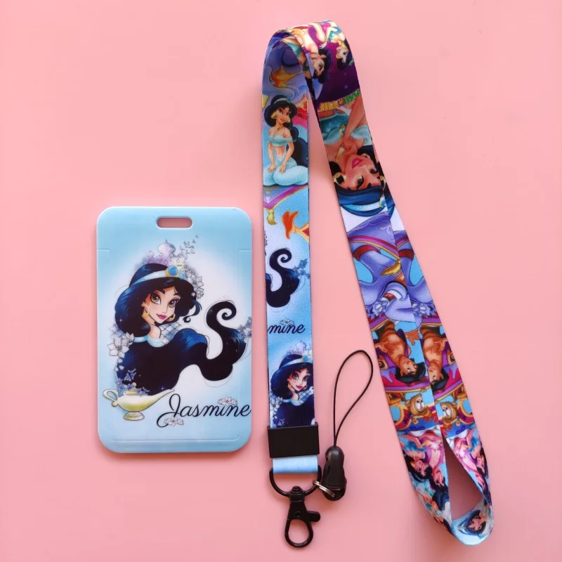 Disney Jasmine Aladdin Women's Name Card Covers ID Card Holder Students Bus Card Case Lanyard Visit Door Identity Badge