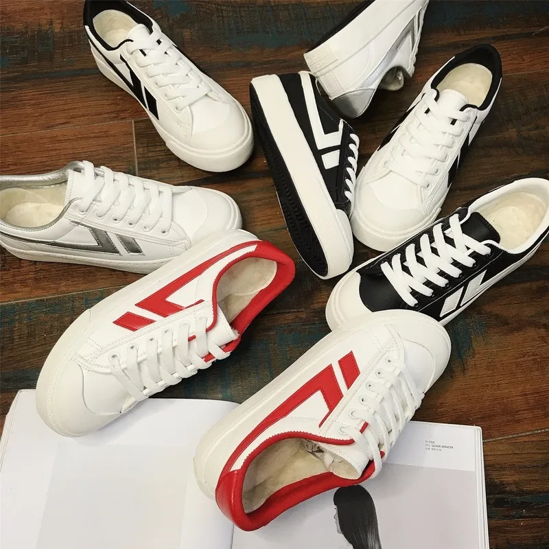 

2019 White Shoes Women Fashion Breathble Vulcanized Shoes Woman Pu Leather Flat Lace Up Casual Sneakers Plus velvet J12-98