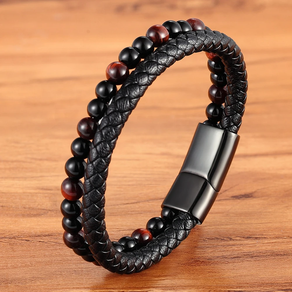 Leather Bracelet TYO Men Natural Stone Beads Double Layer Stainless Steel Magnetic Clasp