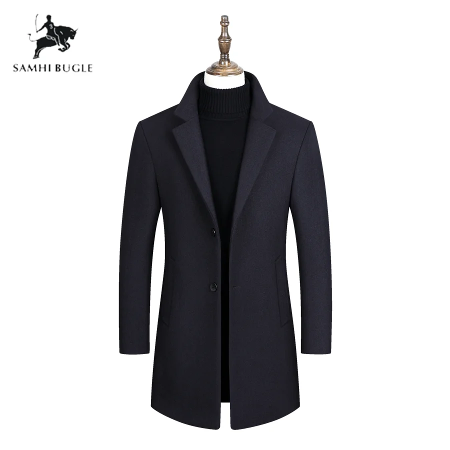 Фирменные SAMHI BUGLE, высококачественные мужские шерстяные пальто, мужские длинные приталенные тренчи, Зимние новые мужские шерстяные пальто - Цвет: Black Navy