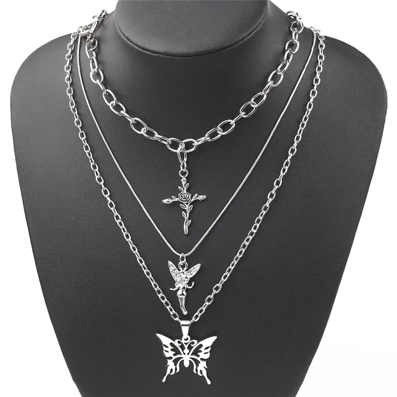 3pcs/set Butterfly Rose Angel Cross Pendant Necklace Multilayer Women Choker Long Chain Necklaces Harajuku Punk Jewelry