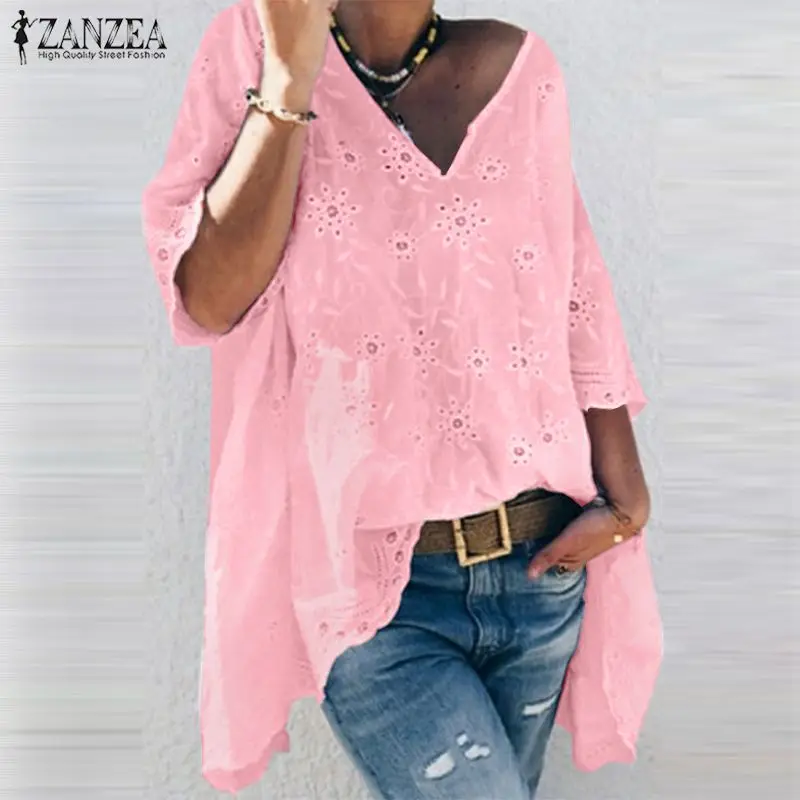 ZANZEA женская блузка с вышивкой богемные полые Топы элегантные кружевные Vestidos женское с коротким рукавом рубашки Длинные Blusas негабаритные