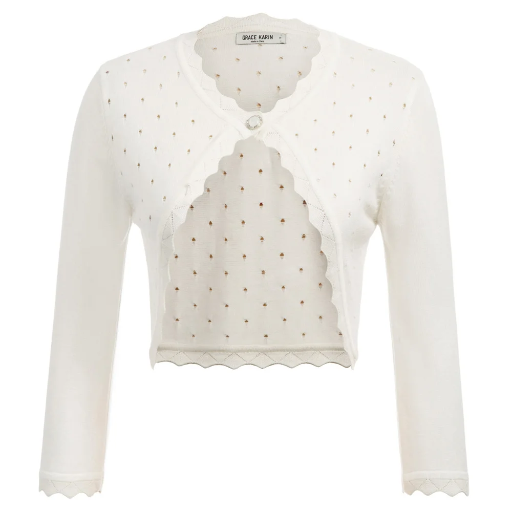 Ivory Grace Karin/Модный женский трикотажный кардиган с рукавом 3/4, на одной пуговице, жакет-болеро, Вязанная женская короткая куртка - Цвет: Ivory