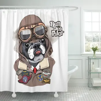 

Brown Dog Portrait of The French Bulldog in Aviator Helmet and Jacket with Sewing Patch Military Aviation Shower Curtain